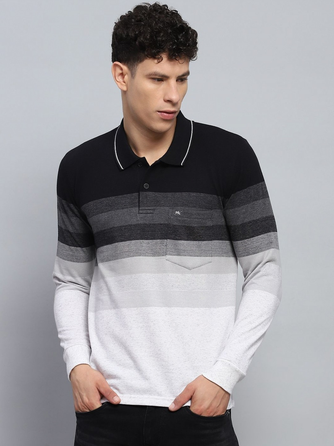 

Monte Carlo Men Striped Polo Collar Cotton T-shirt, Black