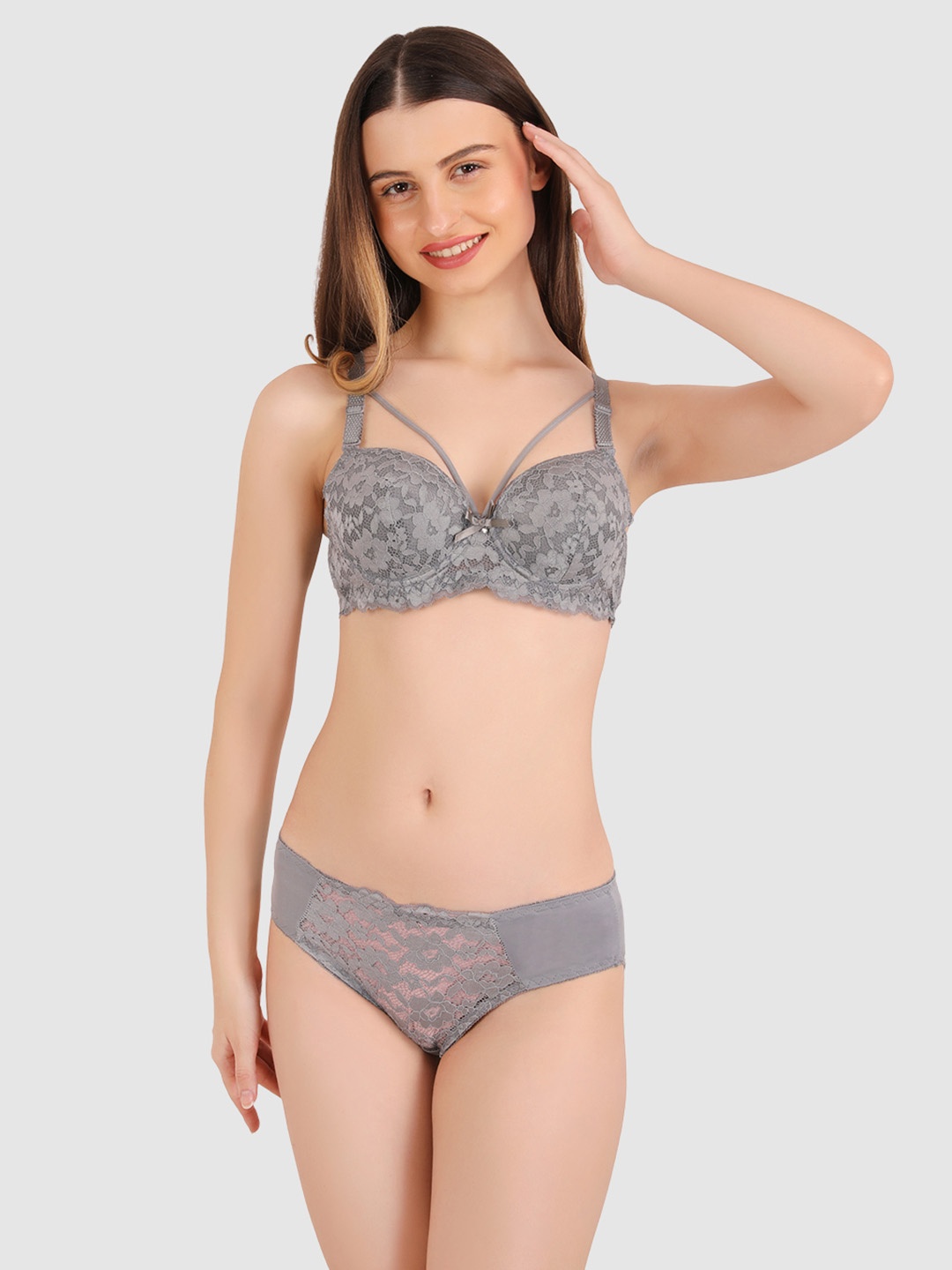 

BRACHY Self Design Heavily Padded Cotton Lingerie Set, Grey