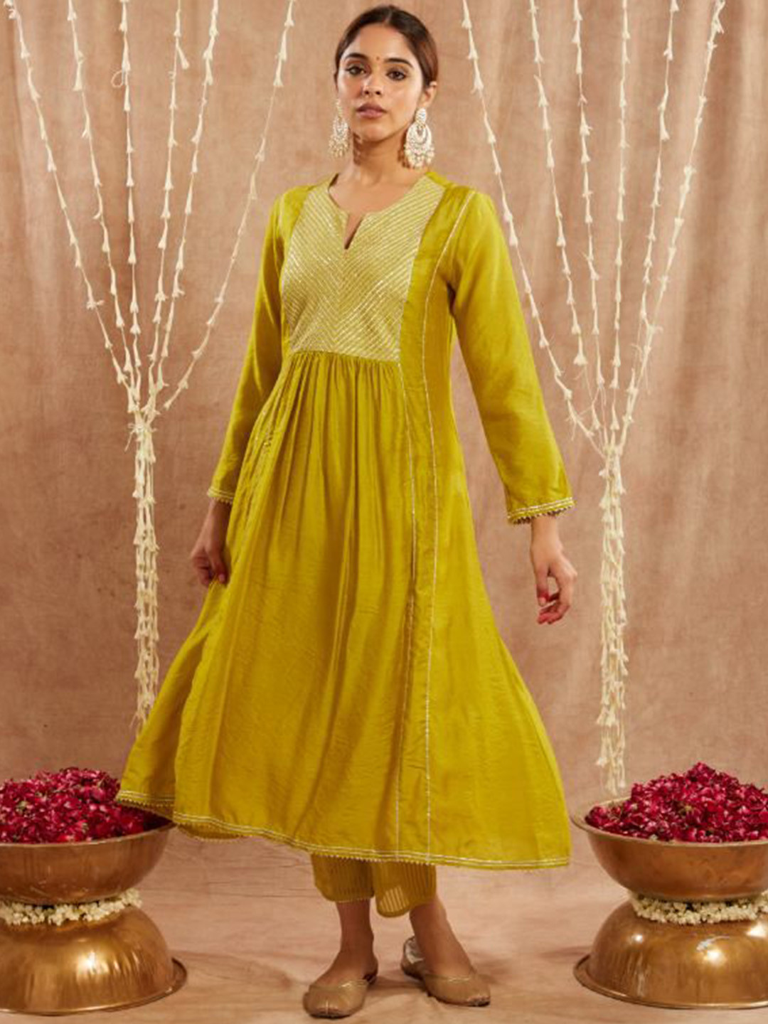 

NERO Striped Gotta Patti Chanderi Silk A-Line Kurta, Olive
