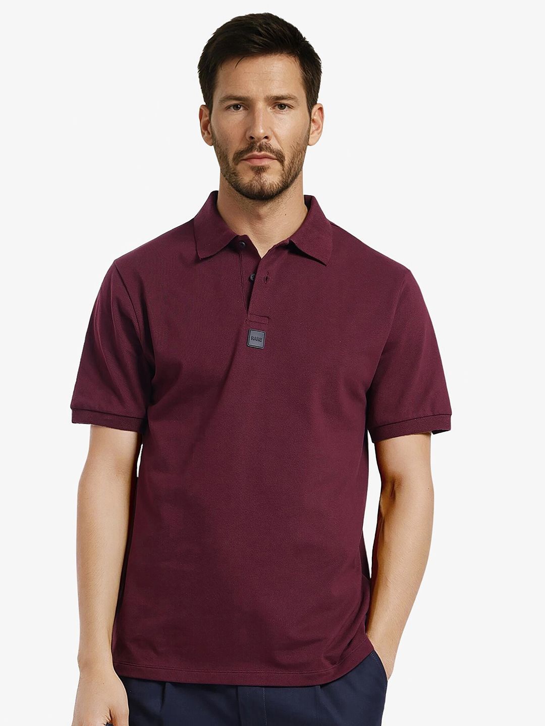 

RARE RABBIT Men Solid Polo Collar Cotton T-shirt, Maroon