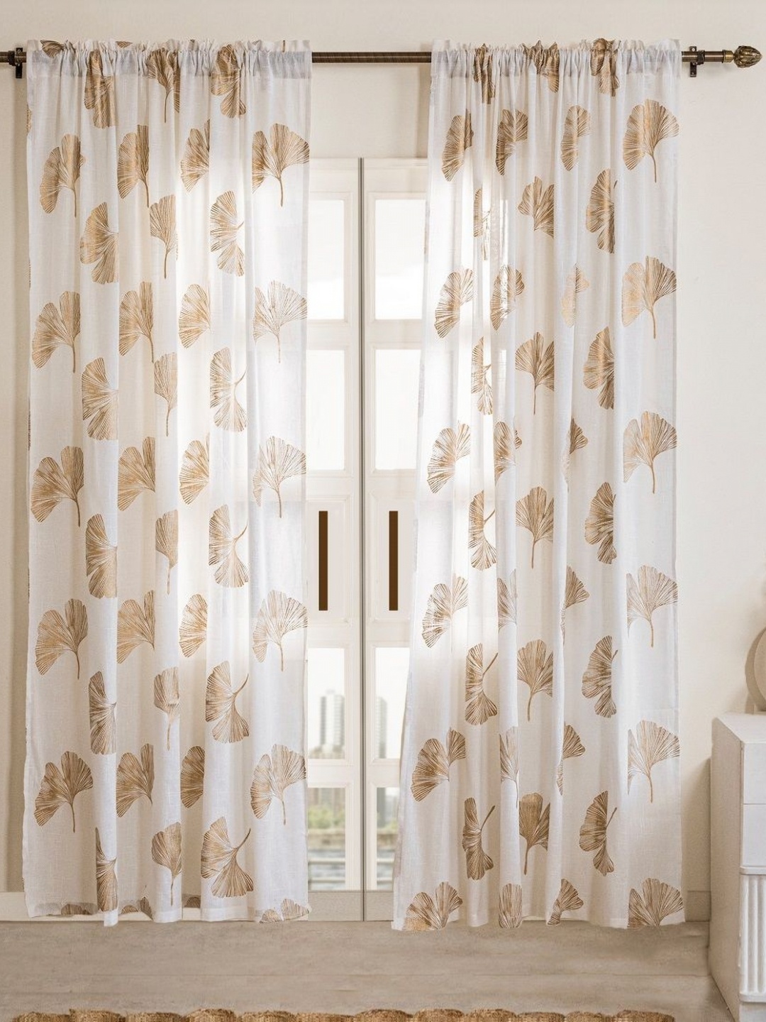 

HOMEMONDE Gold-Toned & White 2 Pieces Floral Printed Cotton Sheer Long Door Curtains