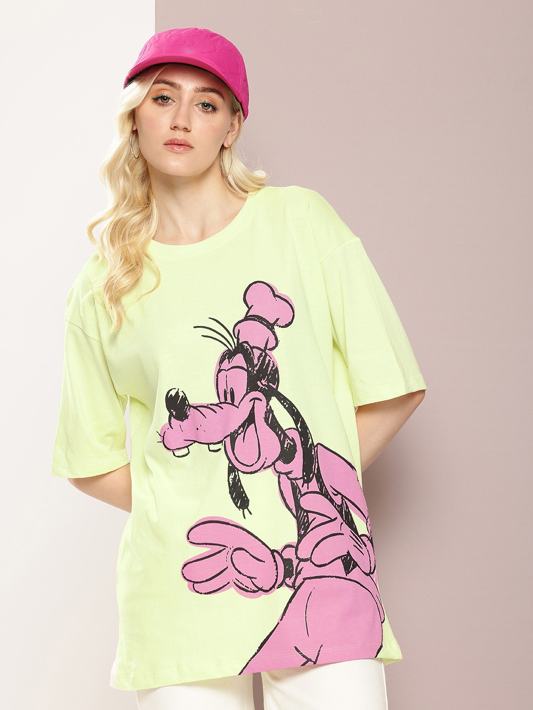 

Kook N Keech Looney Tunes Goofy Printed Drop-Shoulder Pure Cotton Oversized T-shirt, Yellow