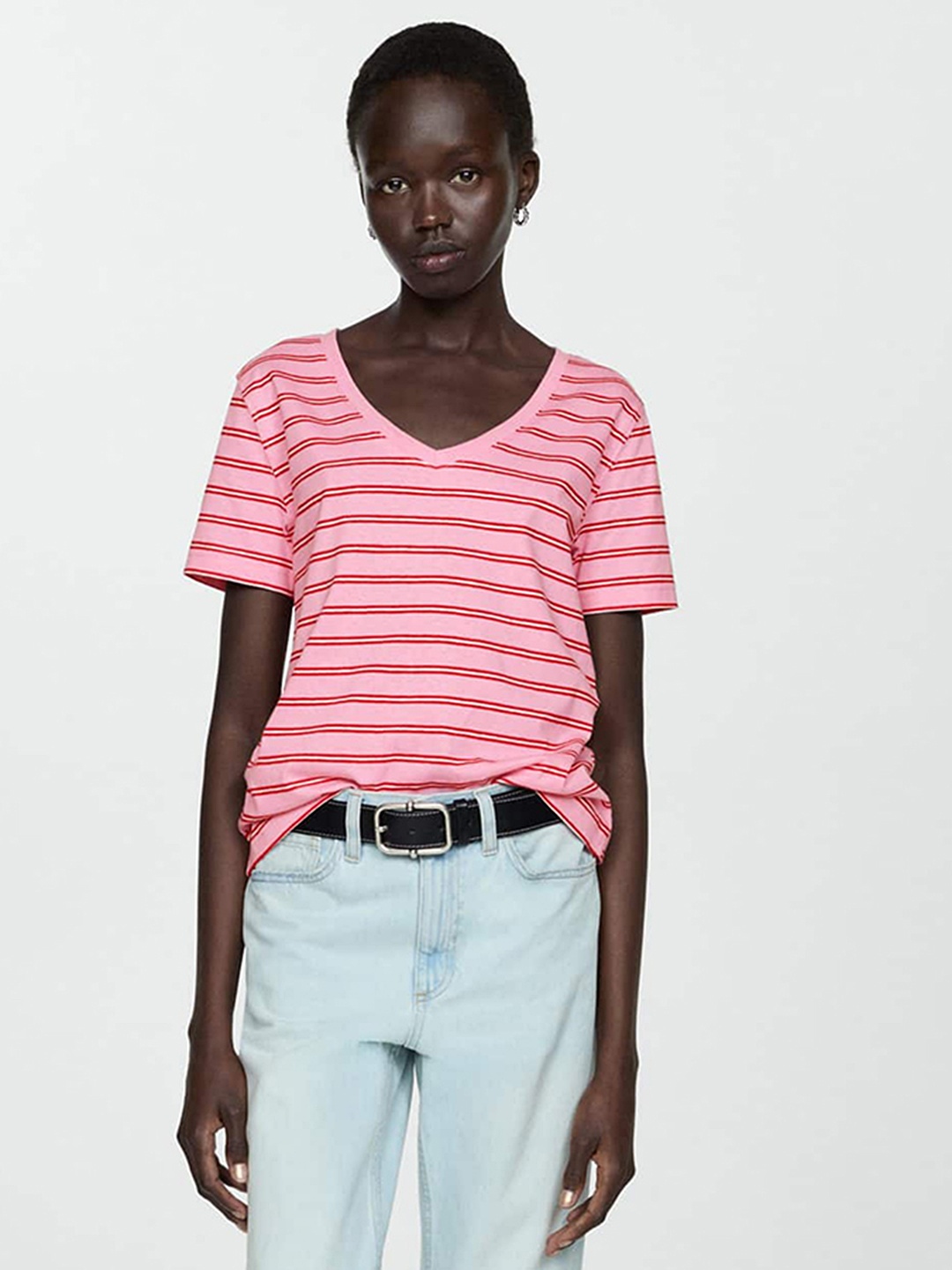 

MANGO Striped V-Neck Pure Cotton T-shirt, Pink