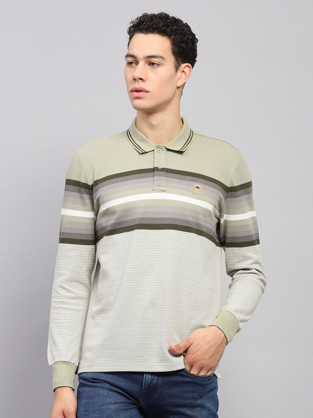 

Monte Carlo Men Striped Polo Collar Cotton T-shirt, Green