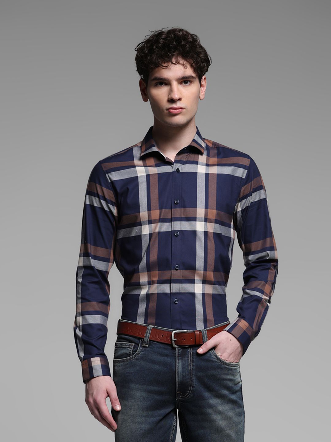 

Jack & Jones Men Spread Collar Checked Cotton Slim Fit Casual Shirt, Navy blue