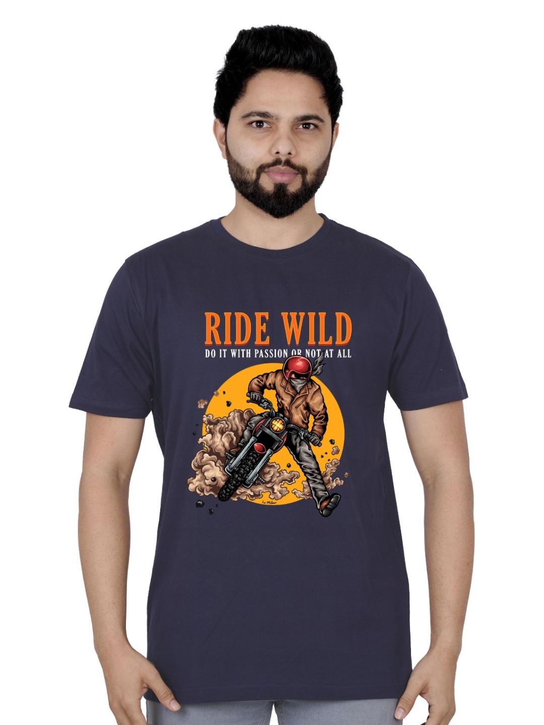 

LA MILANO Men Graphic Printed Round Neck Pure Cotton Slim Fit T-shirt, Navy blue