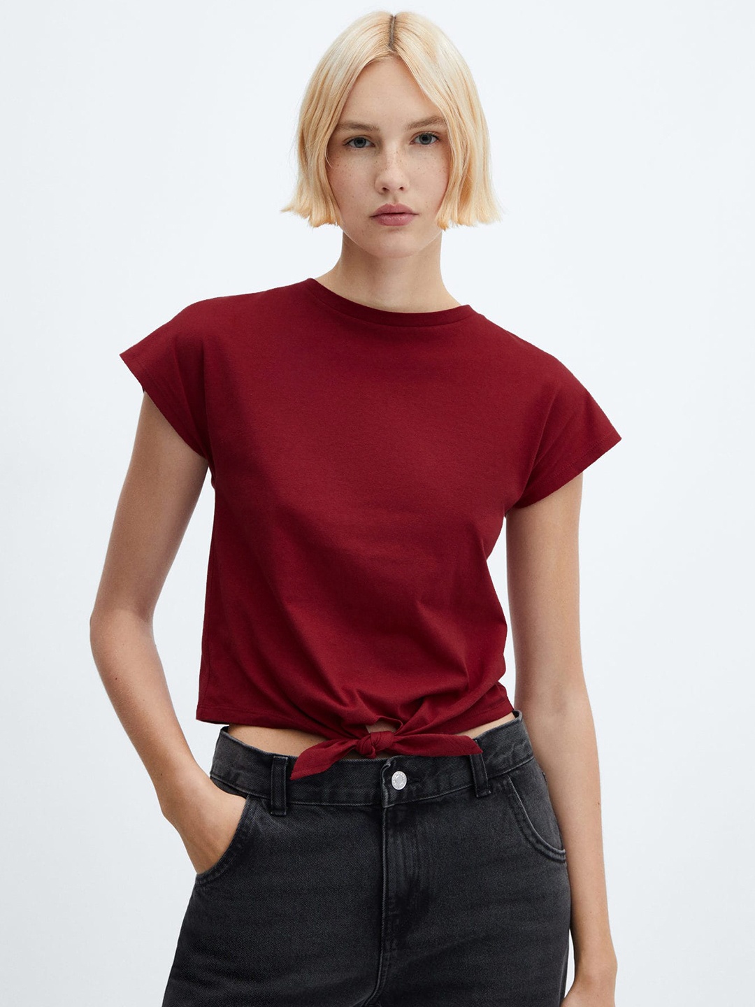 

MANGO Tie Up Waist Extended Sleeves Pure Cotton T-shirt, Maroon