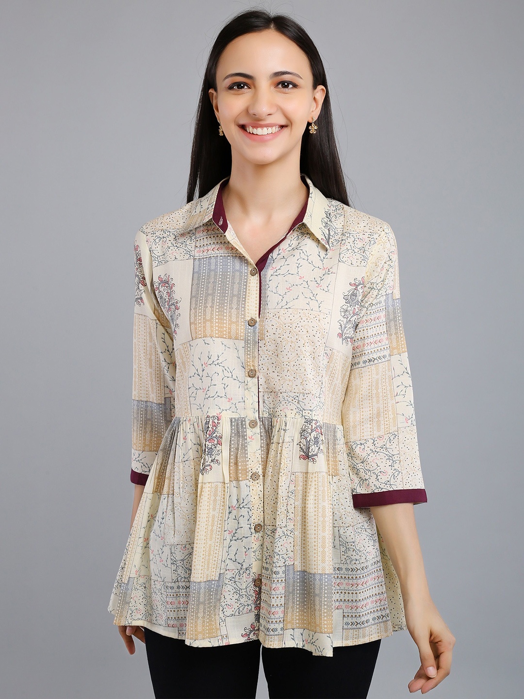 

VAPPSYAM Shirt Collar Printed Tunic, Grey