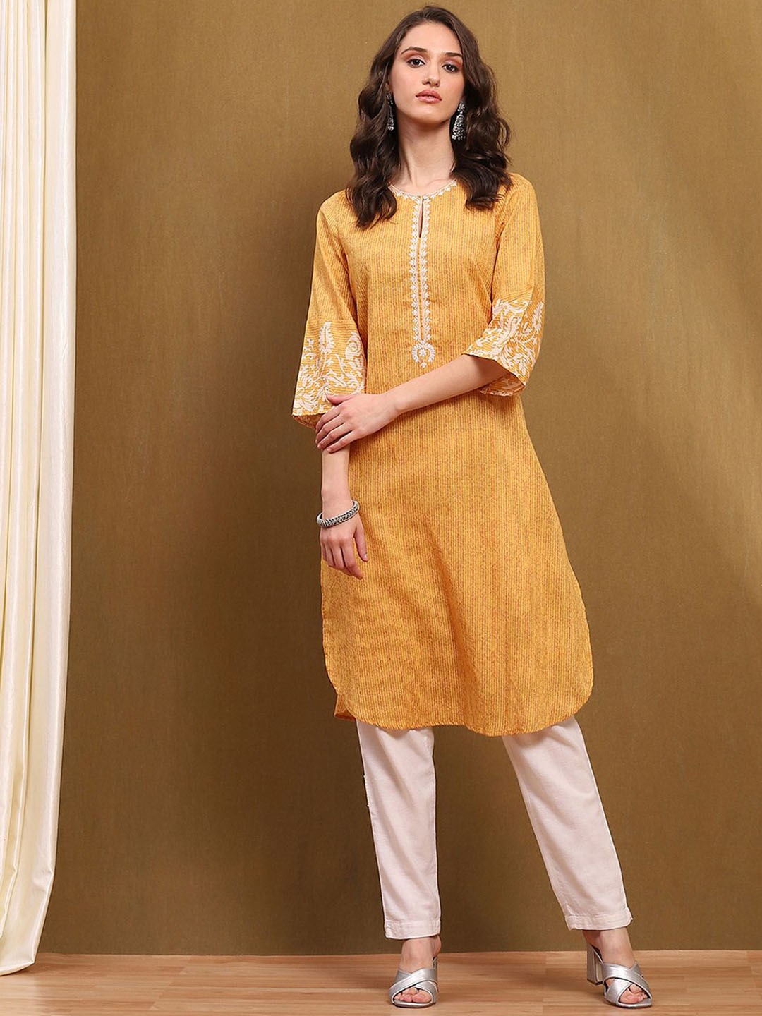 

Biba Floral Printed Cotton Straight Kurta, Yellow