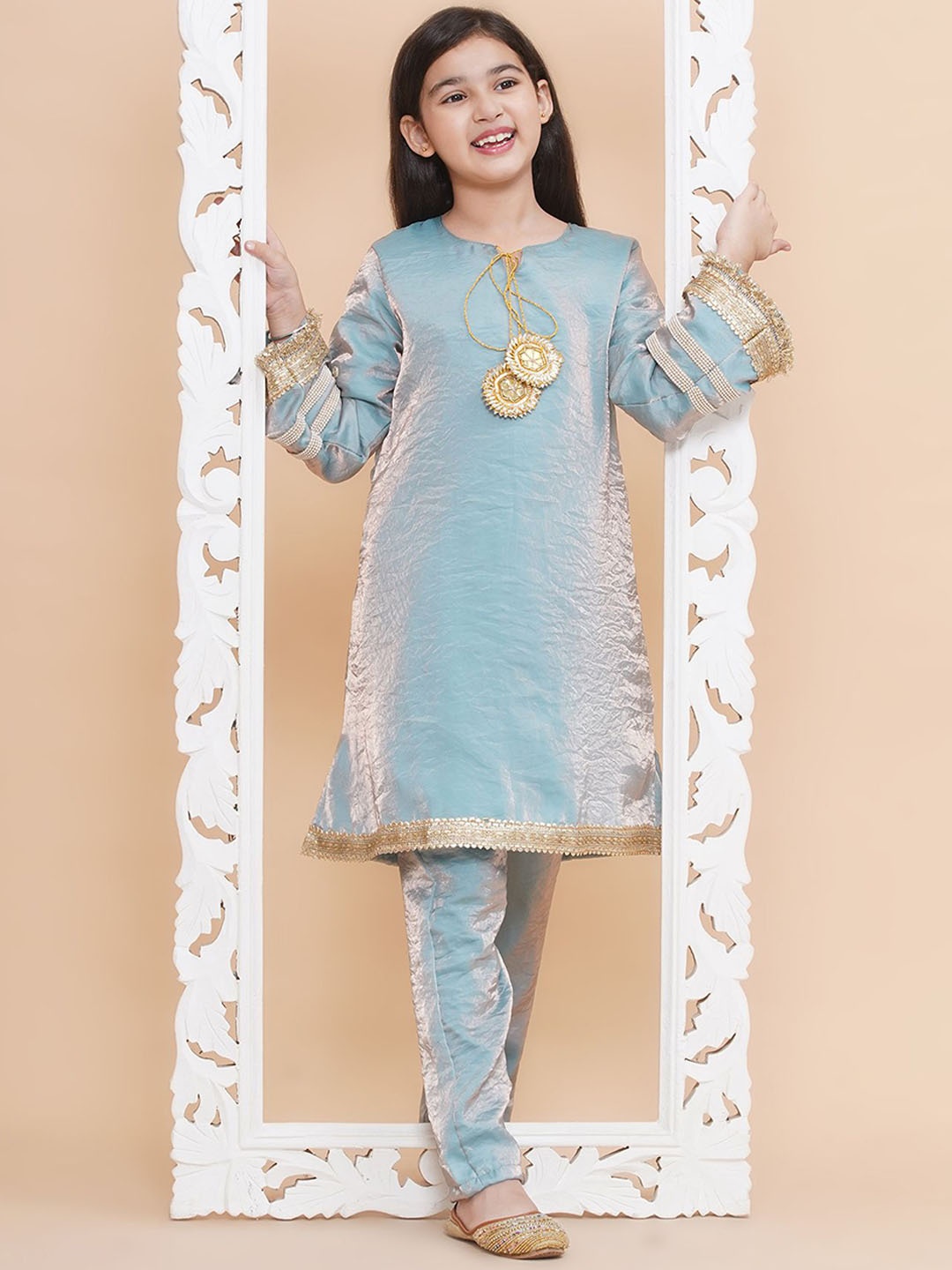 

PICCOLO Girls Gotta Patti Keyhole Neck A Line Kurta with Trousers, Blue