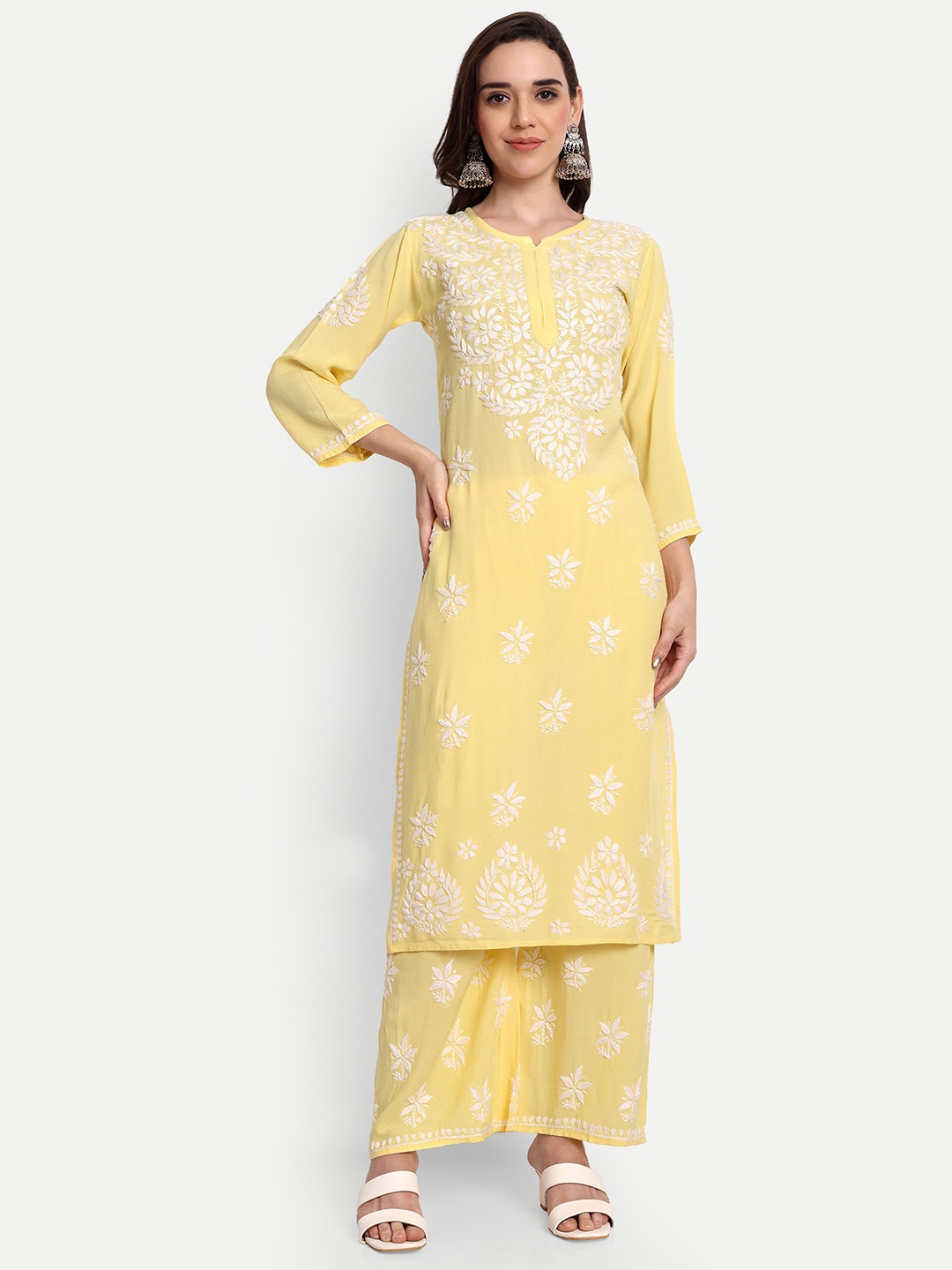 

Indiankala4u Ethnic Motifs Embroidered Chikankari Straight Kurta With Palazzos, Yellow