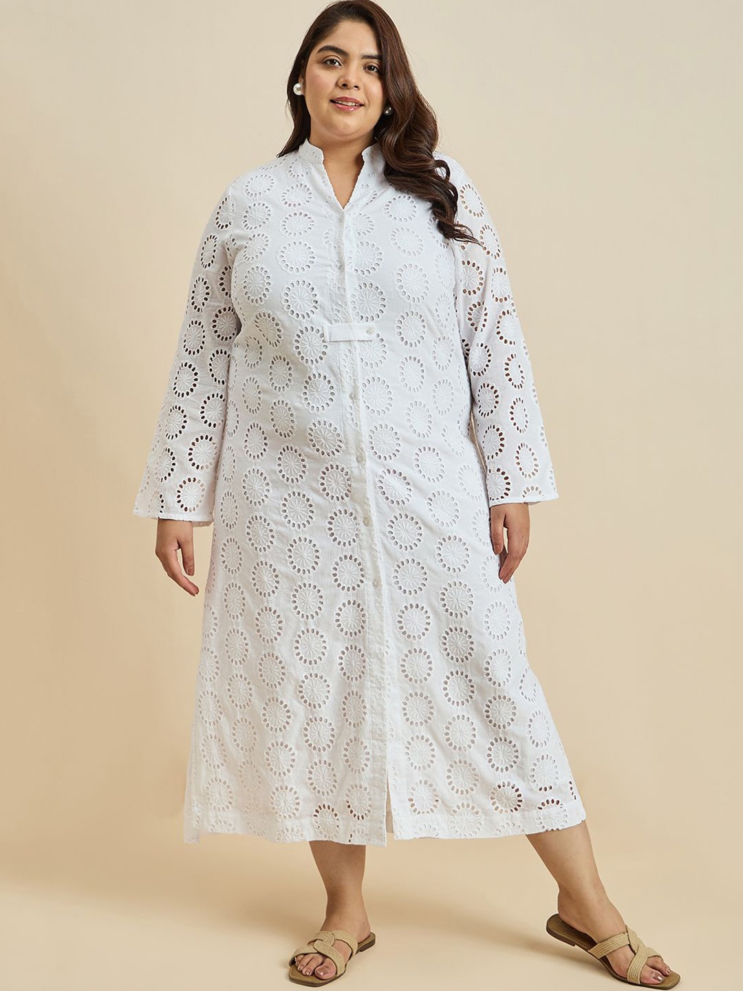

FEMMELLA Self Design Plus Size Shirt Midi Dress, White