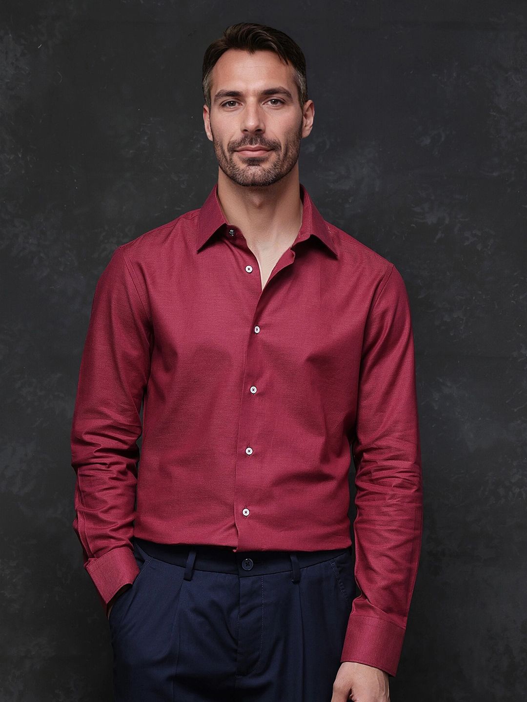 

RARE RABBIT Men Comfort Spread Collar Solid Cotton Formal Shirt, Red