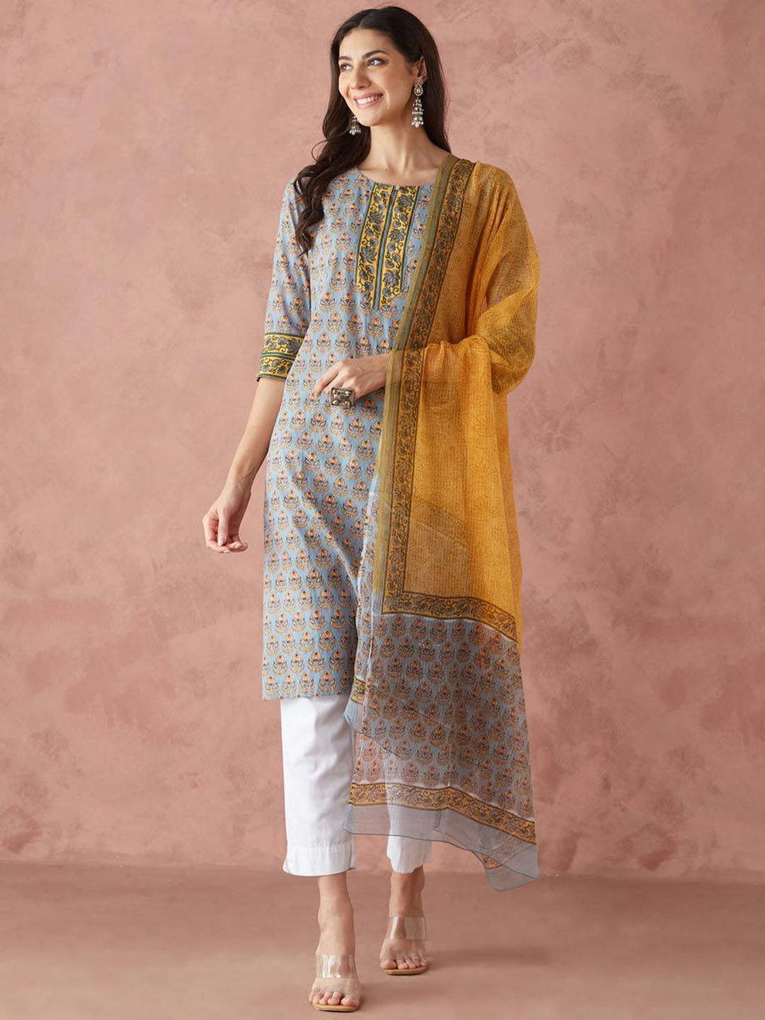

Fabindia Ethnic Motifs Printed Keyhole Neck Pure Cotton Straight Kurta & Dupatta, Blue
