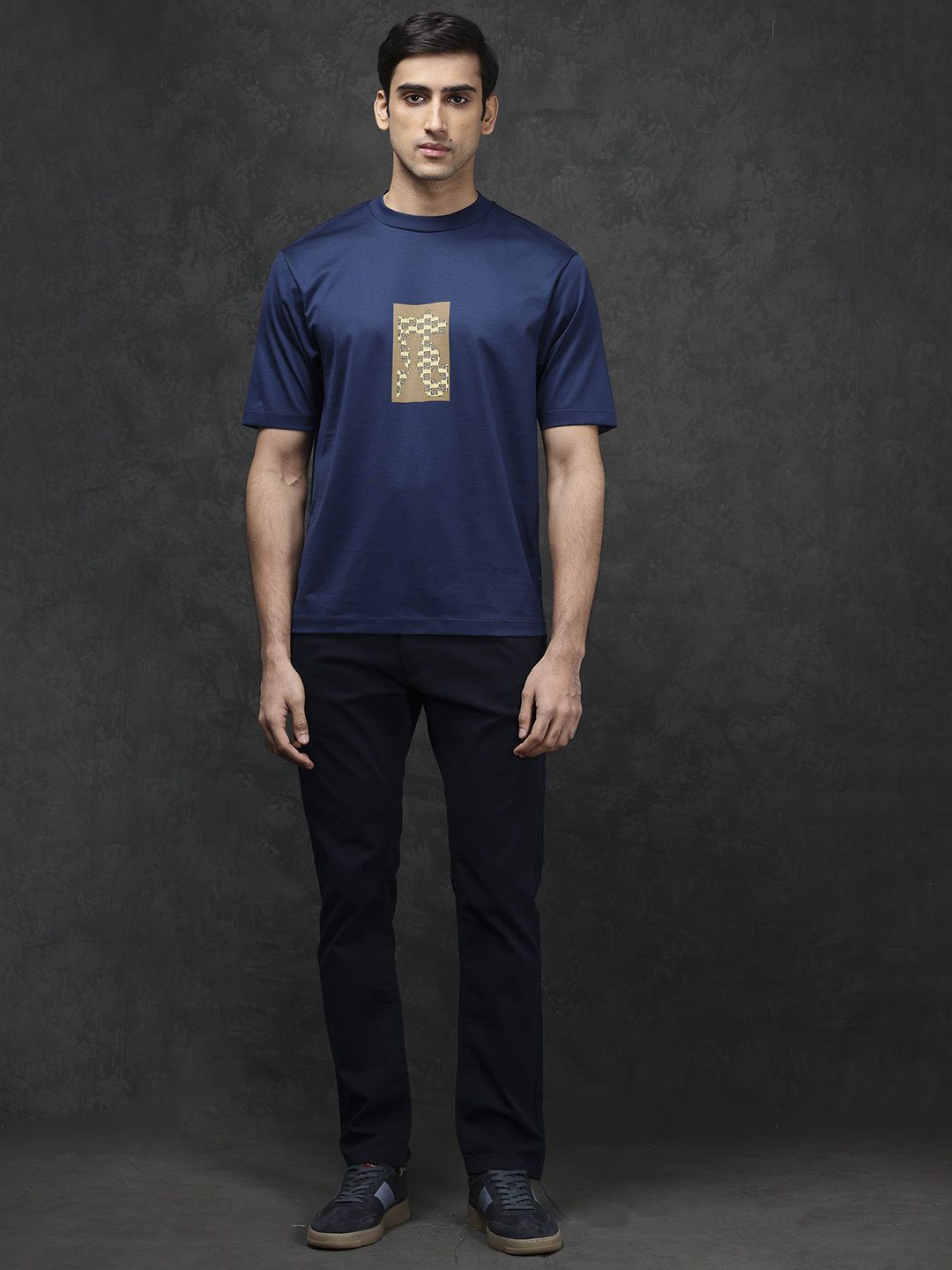 

RARE RABBIT Men Graphic Printed Round Neck Cotton Relaxed Fit T-shirt, Navy blue