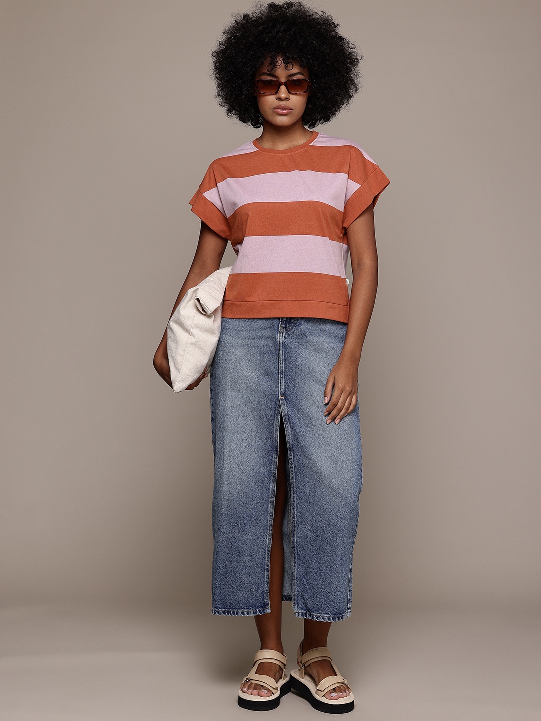 

The Roadster Lifestyle Co. Women Striped Boxy T-shirt, Rust