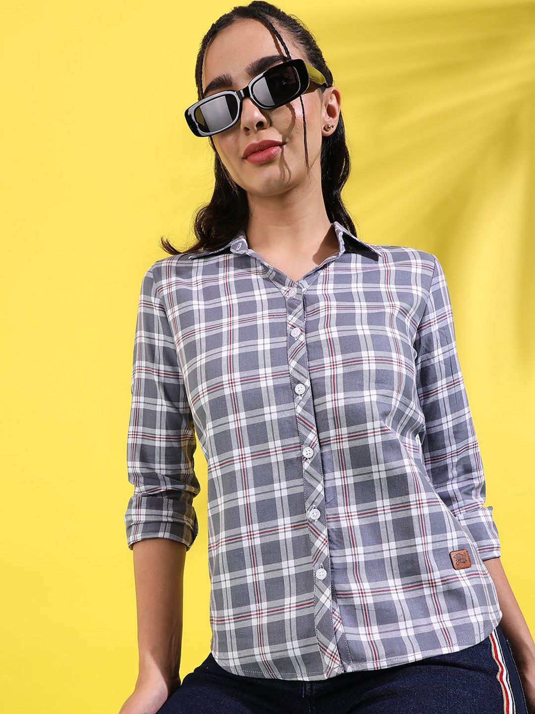 

PINACOLADA Women Comfort Spread Collar Solid Cotton Relaxed Fit Casual Shirt, Grey