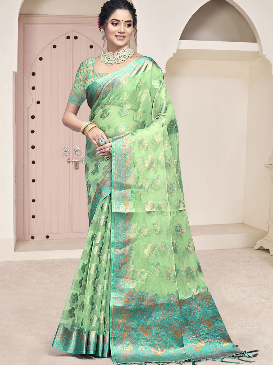 

Ishin Floral Zari Organza Saree, Sea green