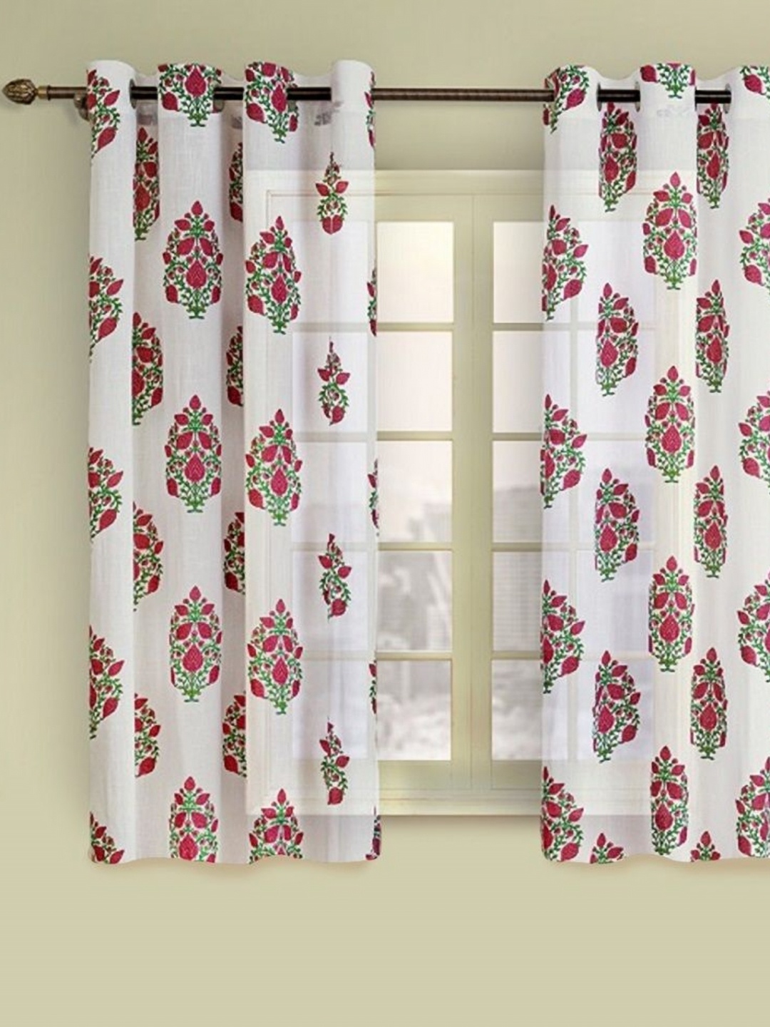 

HOMEMONDE White & Pink Set of 2 Floral Sheer Window Curtain
