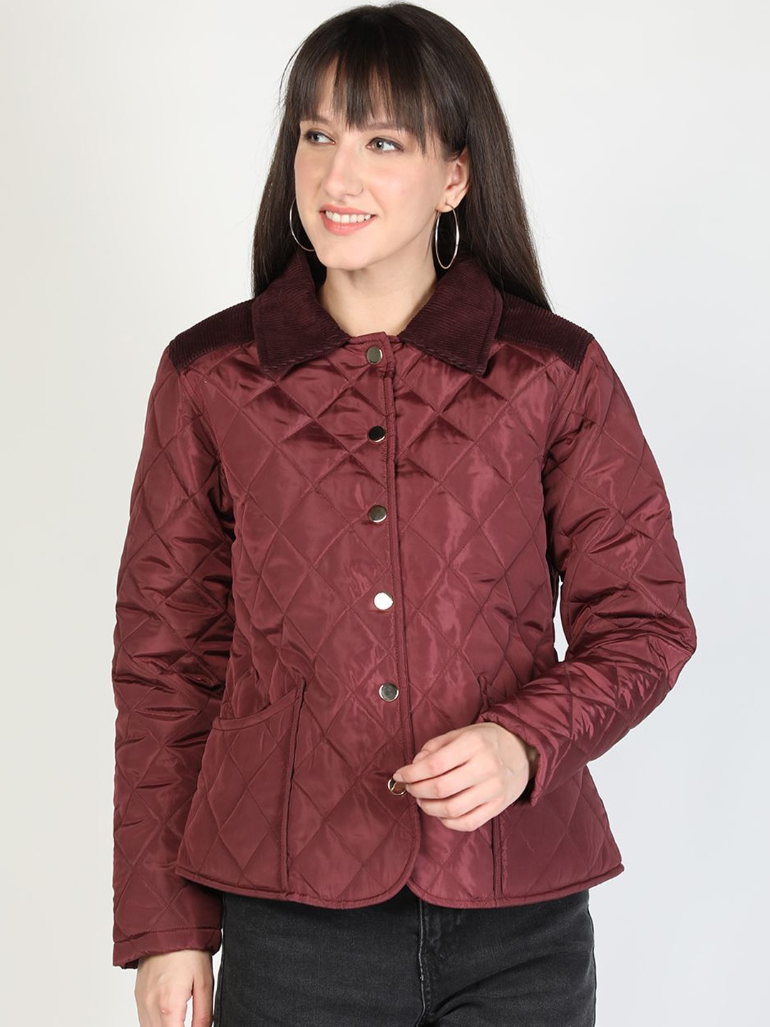 

HONNETE Women Spread Collar Solid Casual Quilted Jacket, Maroon