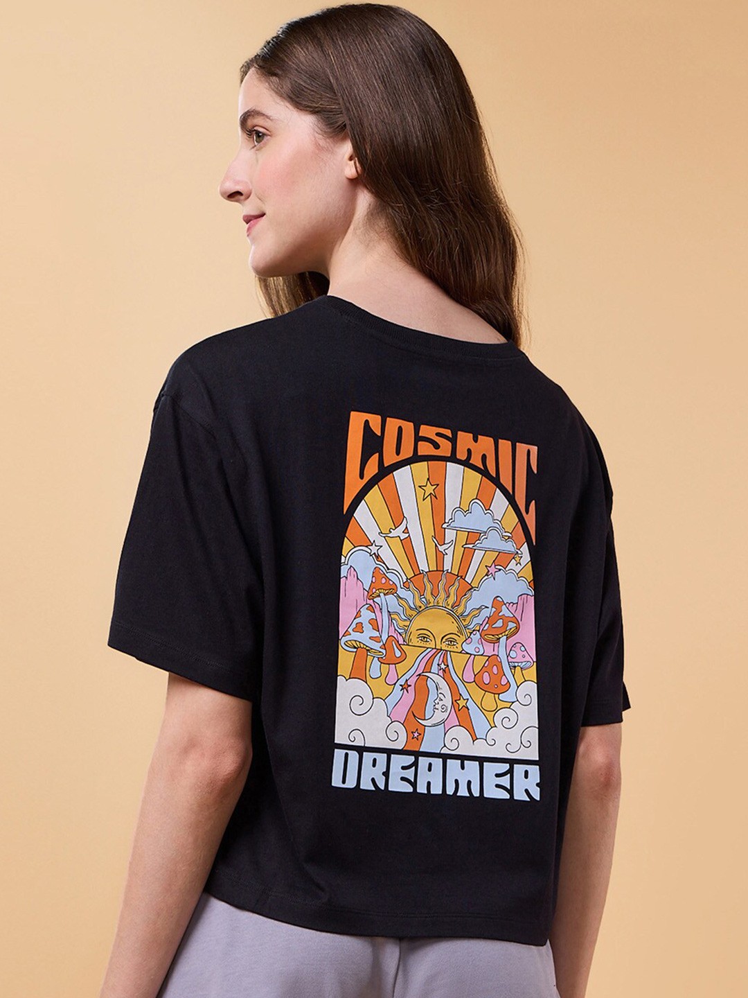 

Enamor Graphic Printed Drop-Shoulder Sleeves Cotton Boxy Lounge Tshirts, Black