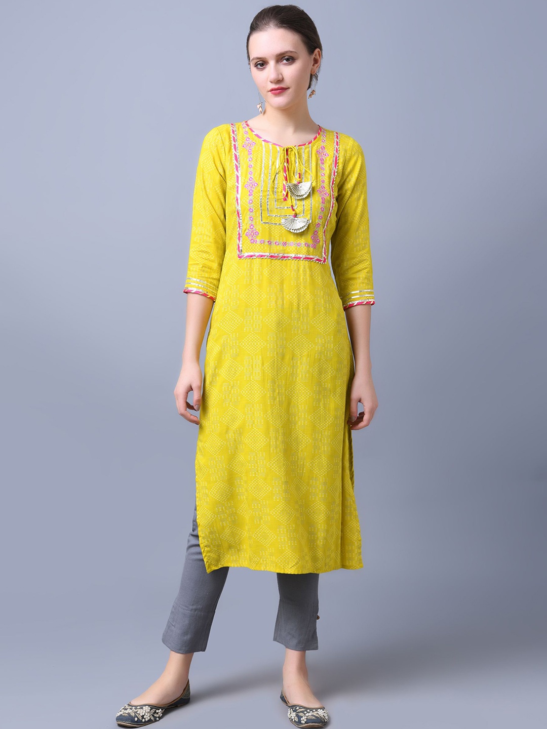 

Anouk Geometric Printed Thread Work Liva Straight Kurta, Yellow
