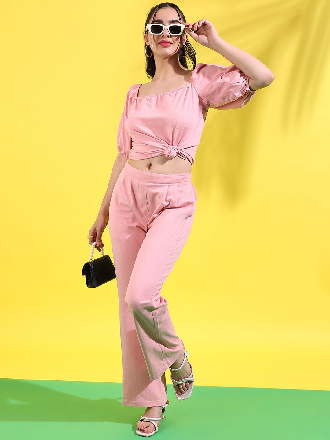 

PINACOLADA Square Neck Short Sleeves Top With Trouser, Pink