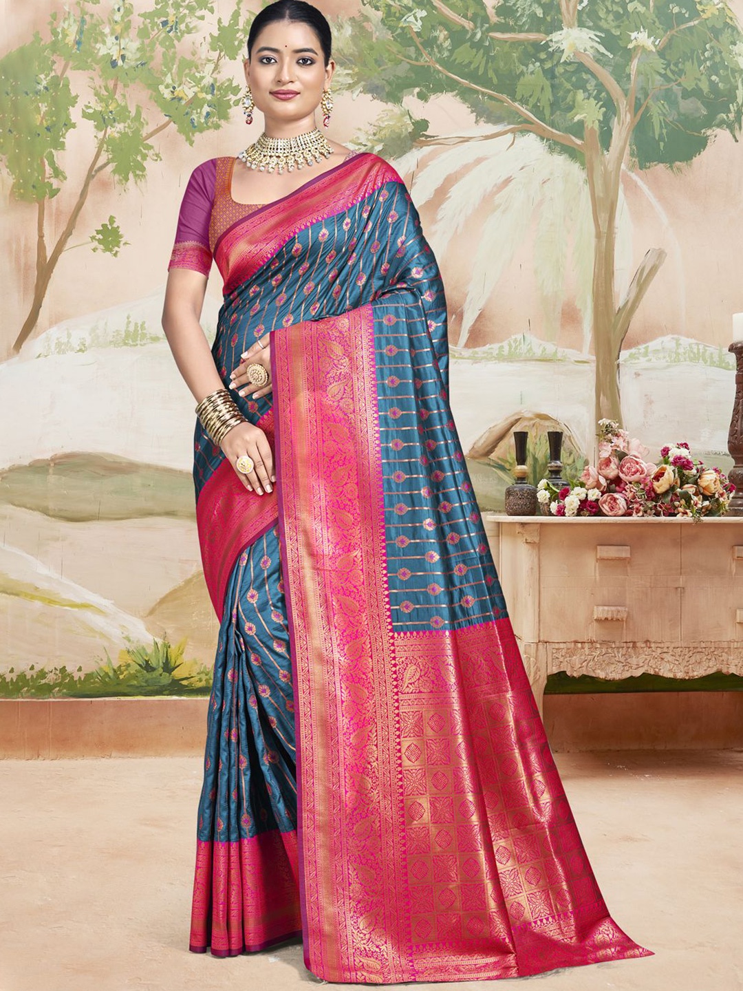 

Ishin Woven Design Zari Silk Blend Saree, Blue
