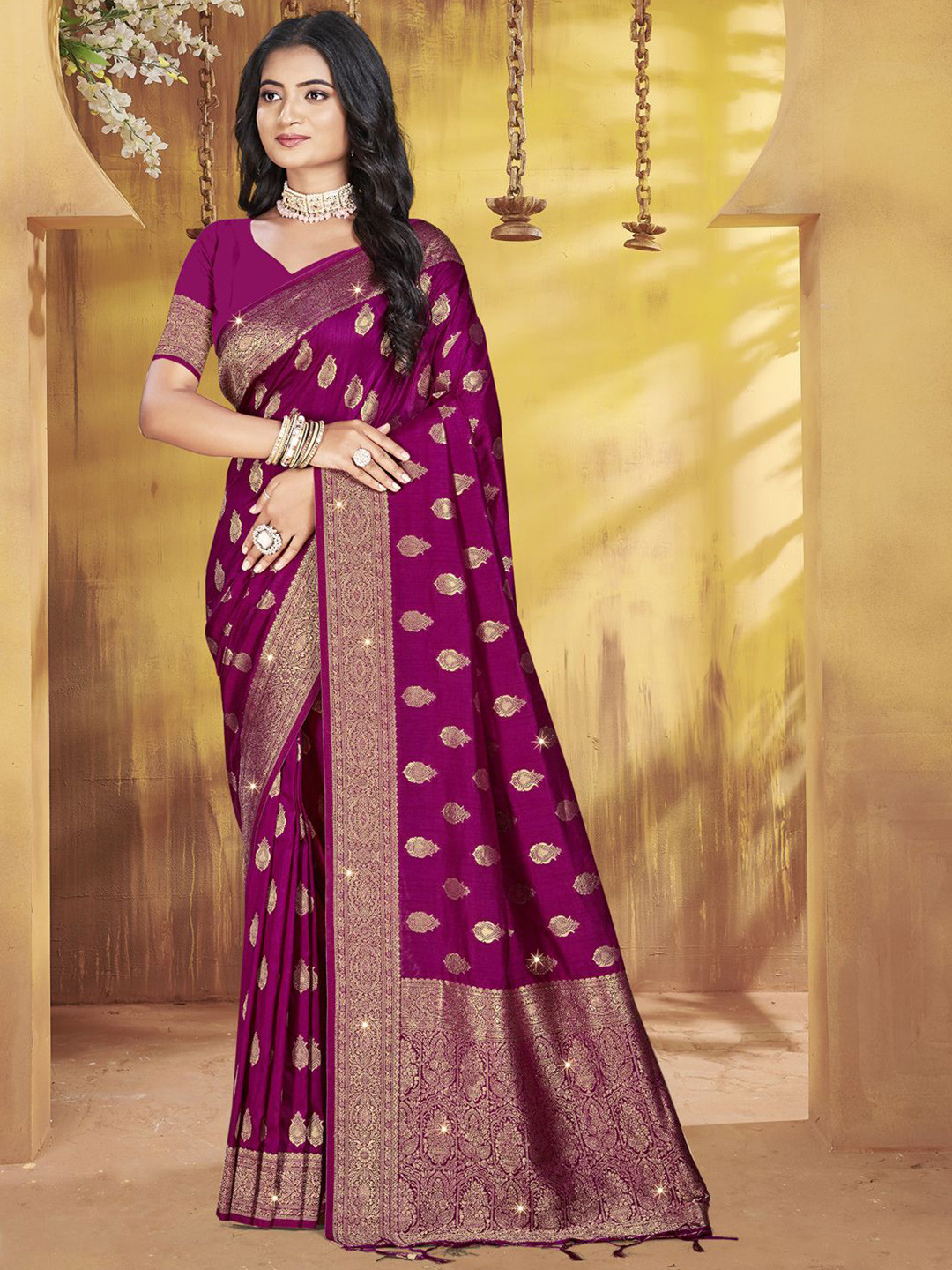 

Ishin Woven Design Zari Silk Blend Saree, Purple