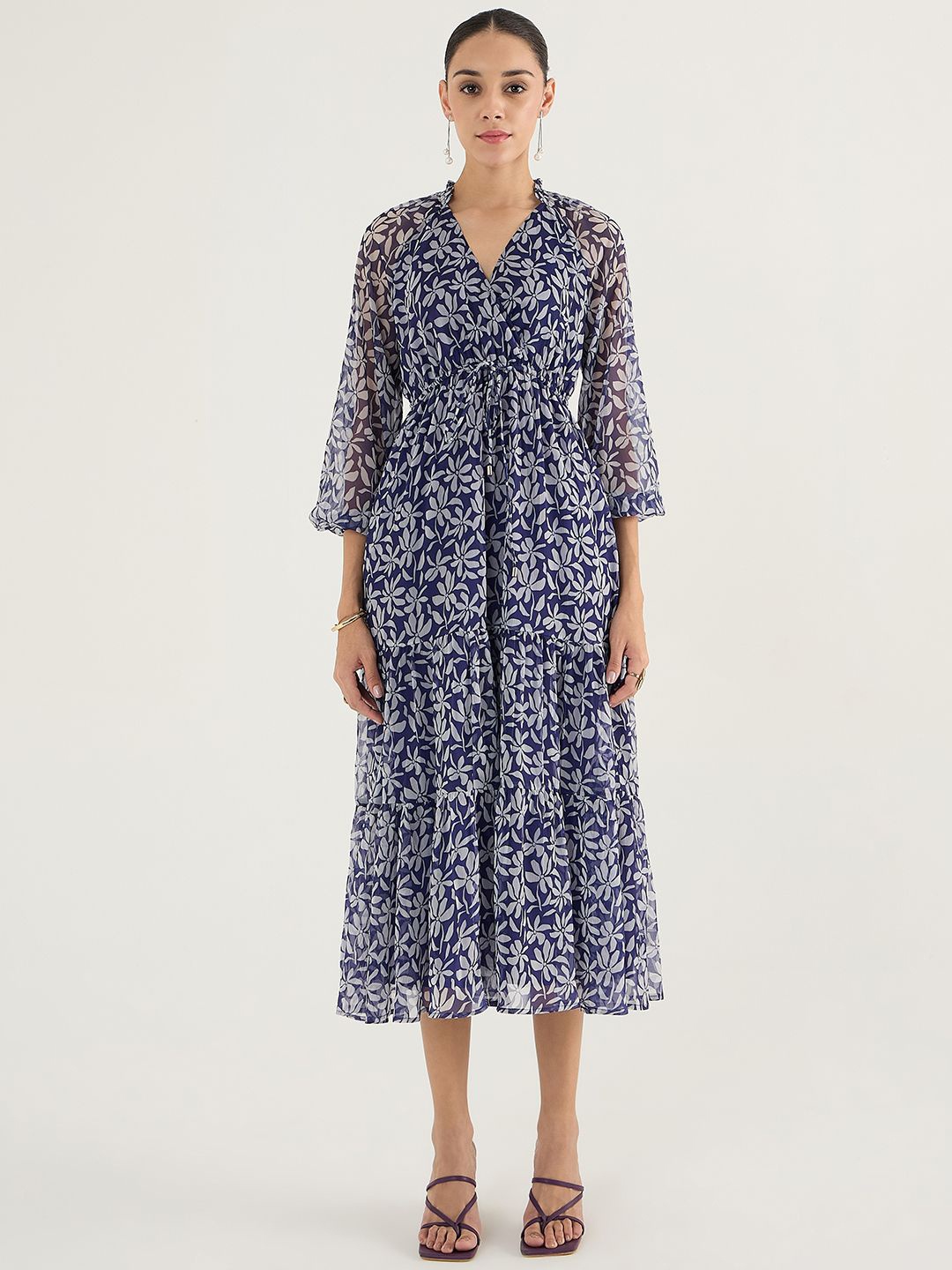 

FEMMELLA Floral Printed Puff Sleeve Fit & Flare Midi Dress, Blue