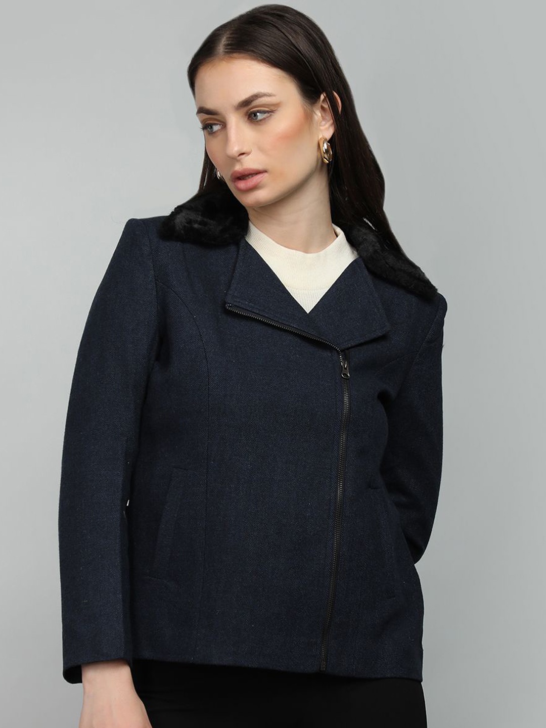 

HONNETE Women Casual Regular Fit Single-Breasted Pea coat, Navy blue