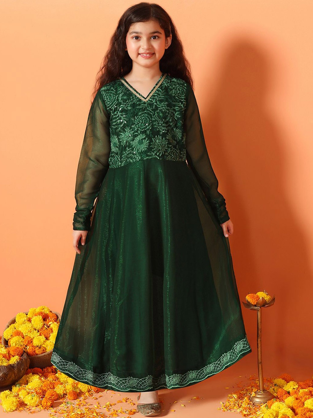 

FASHION DREAM Embroidery Maxi Length Ethnic Dresses, Green