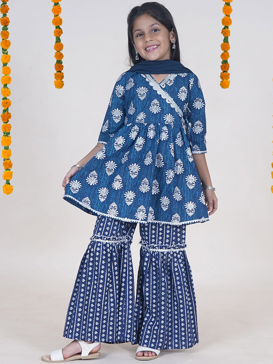 

KiddoPanti Girls Floral Printed Pure Cotton Angrakha Anarkali Kurti With Sharara & Dupatta, Navy blue