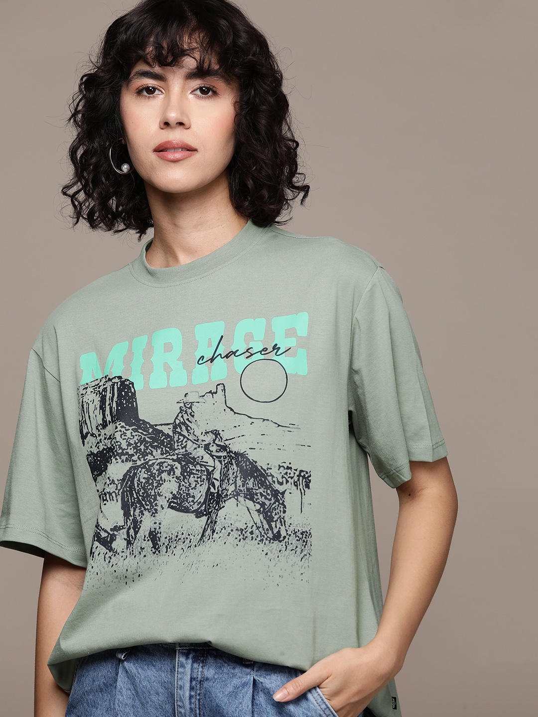 

The Roadster Lifestyle Co. Typography Printed Oversized T-shirt, Green