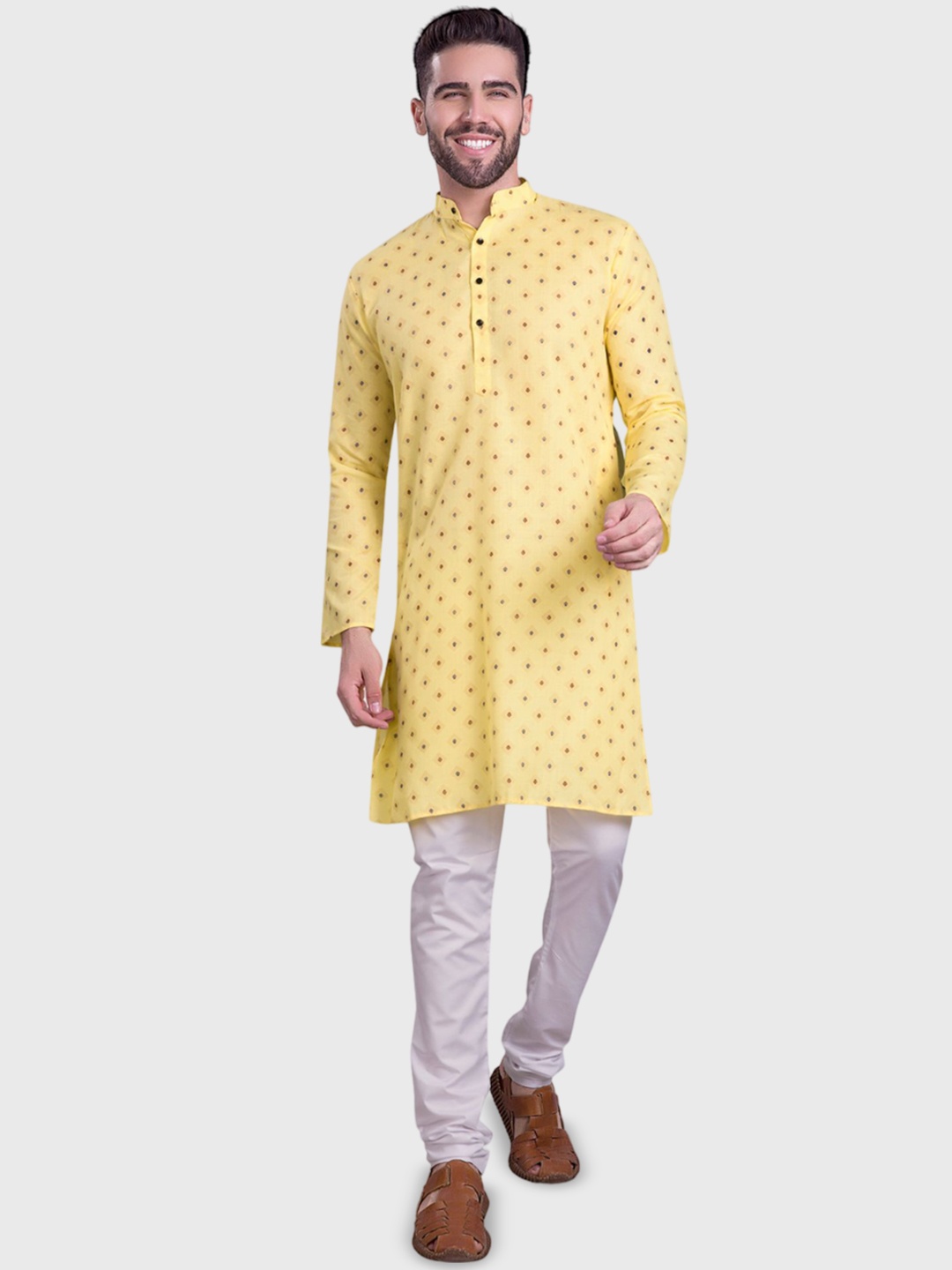 

ENCINO Abstract Printed Mandarin Collar Cotton Straight Kurta, Yellow