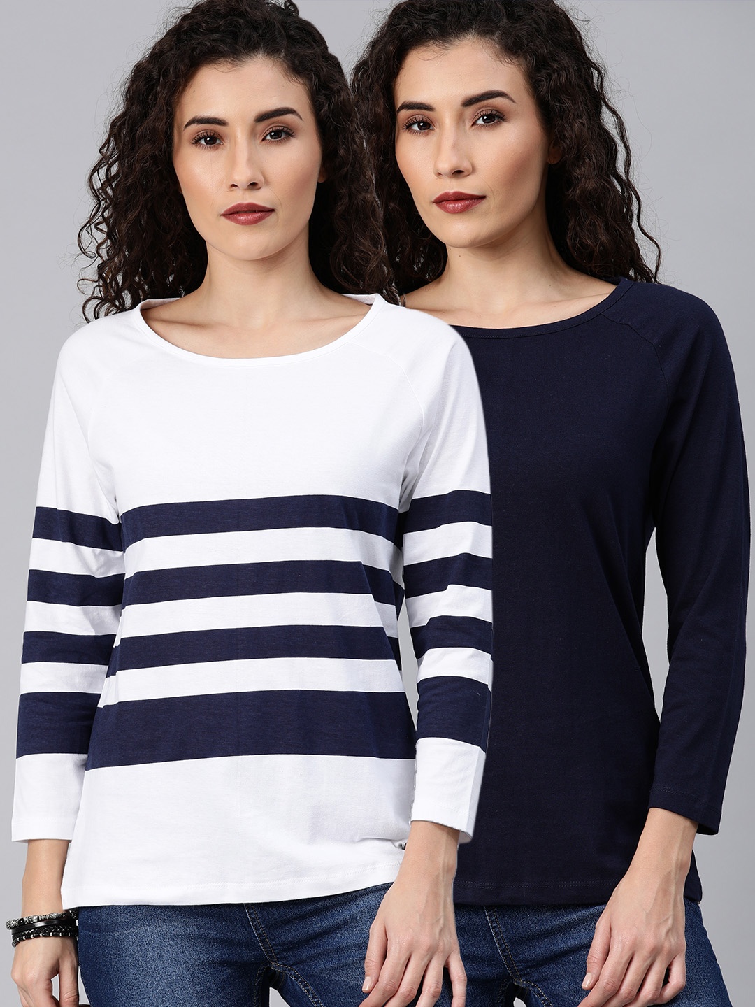 

Roadster Women Pack of 2 White Navy Blue Round Neck Pure Cotton T-shirt