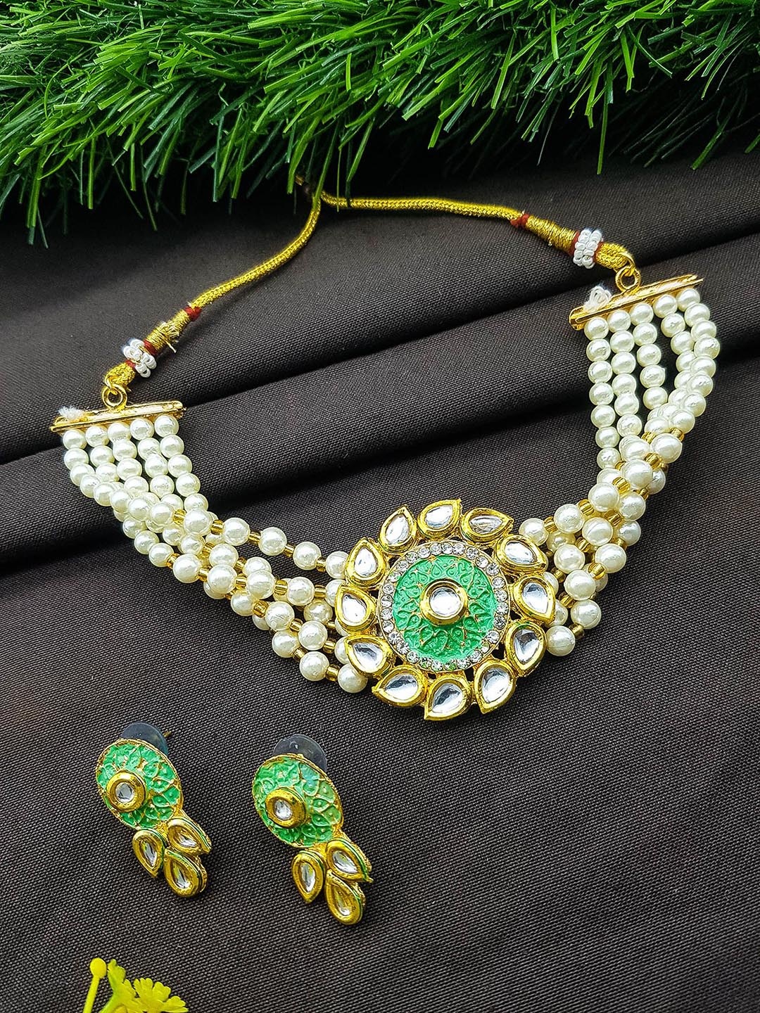 

GRIIHAM Gold-Plated American Diamond-Studded & Beaded Jewellery Set