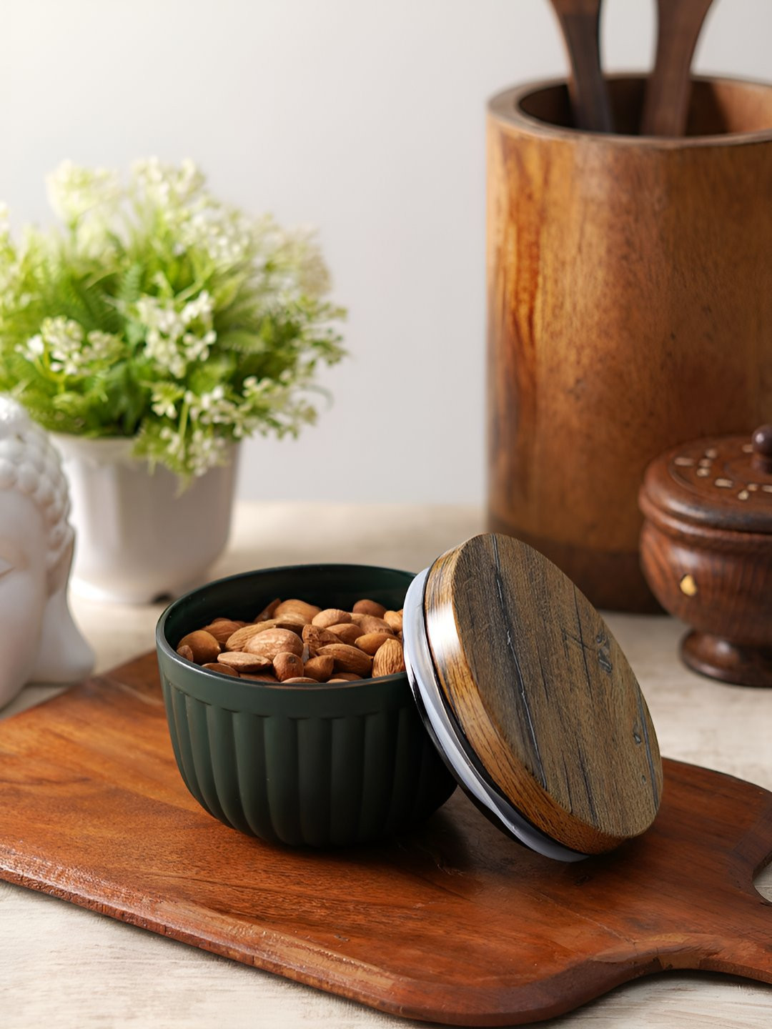 

CDI Green & Brown Textured Glass Coated Serving Bowl With Lid 300 ML