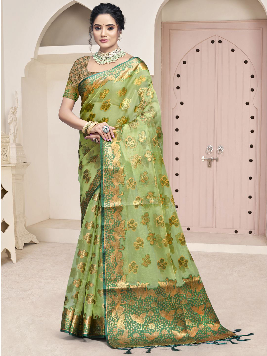 

Ishin Woven Design Zari Organza Saree, Green