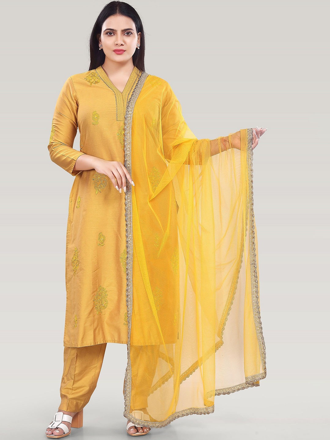 

COTTON CULTURE Floral Embroidered Straight Kurta With Trouser & Dupatta, Yellow