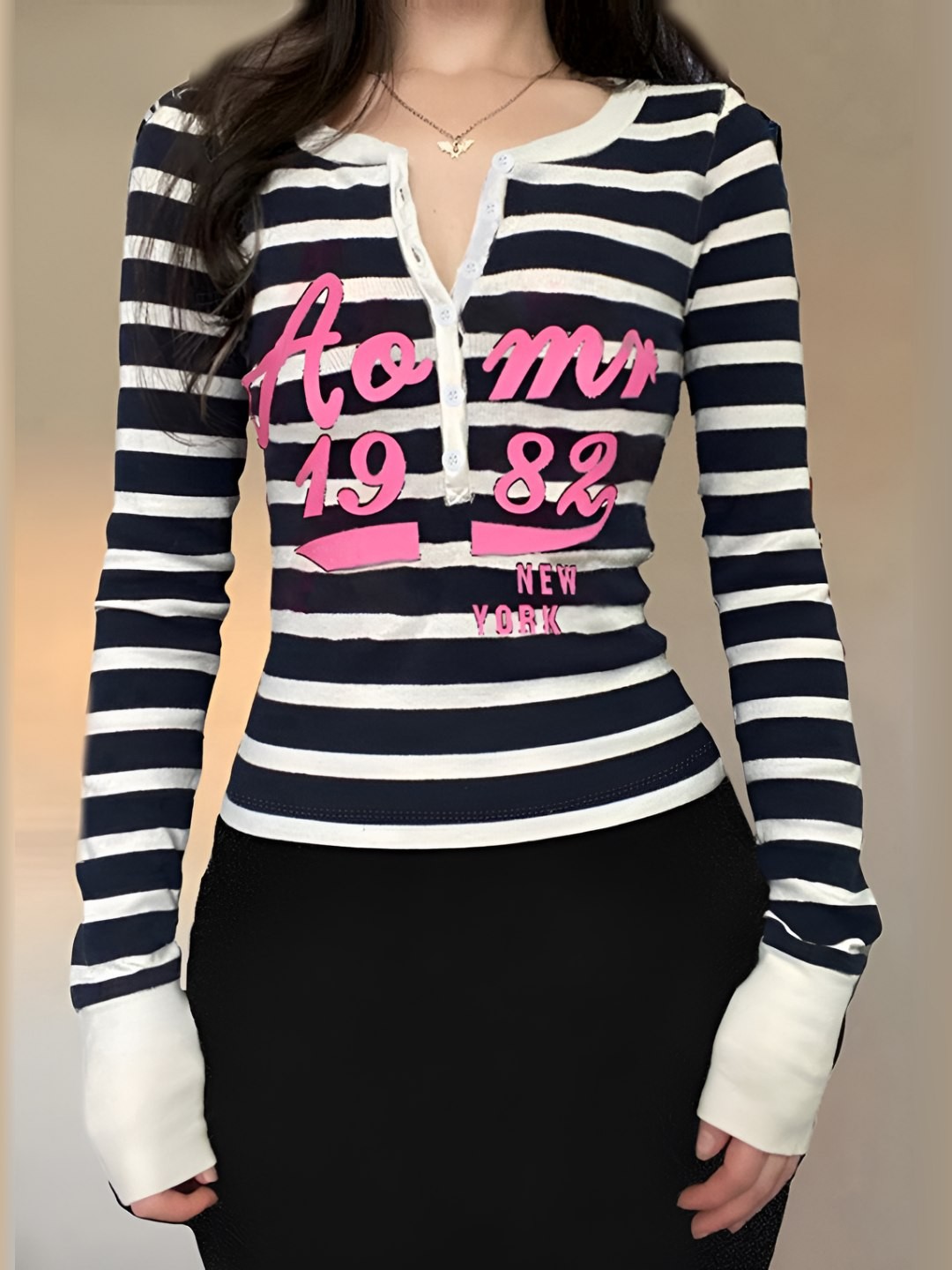 

LULU & SKY Women Striped Henley Neck Applique T-shirt, Multi