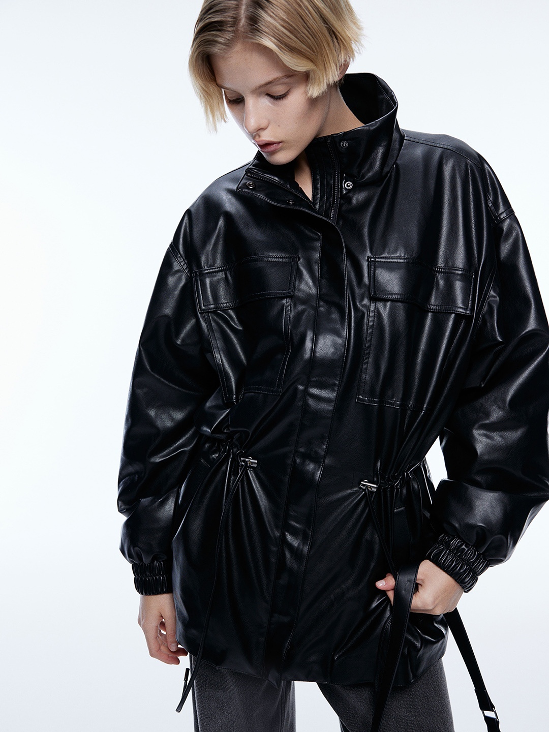 

H&M Drawstring-Detail Coated Jacket, Black