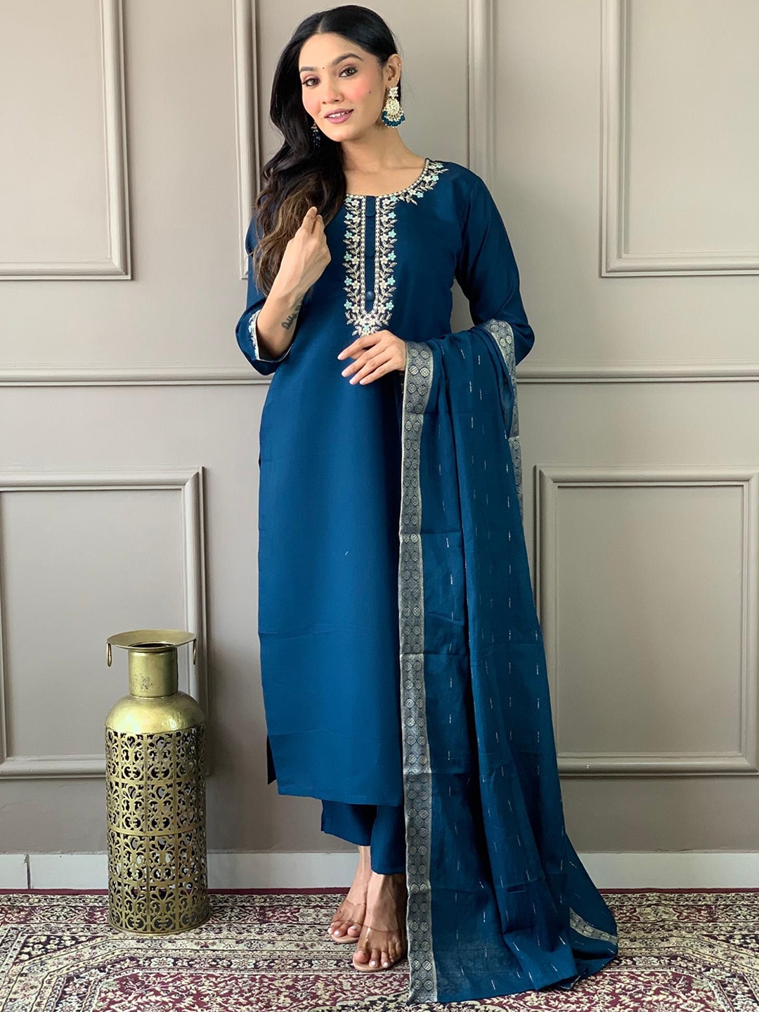 

THE52 Floral Yoke Design Regular Chanderi Silk Straight Kurta with Trousers & Dupatta, Blue