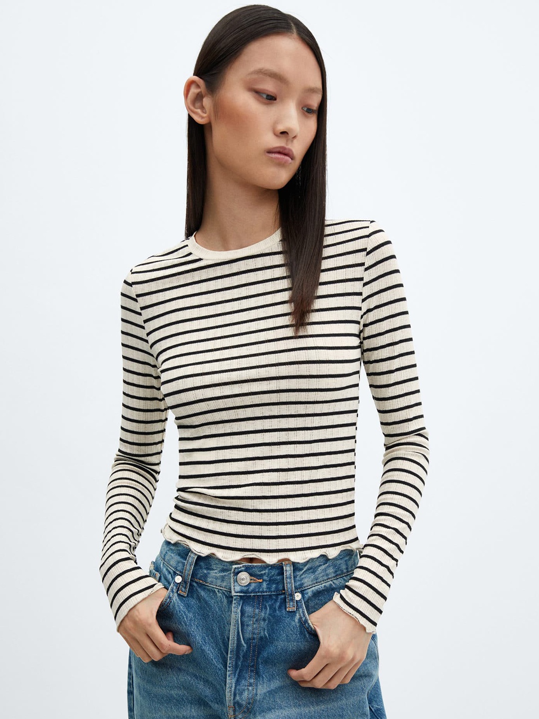 

MANGO Textured Striped Long Sleeve T-shirt, Off white