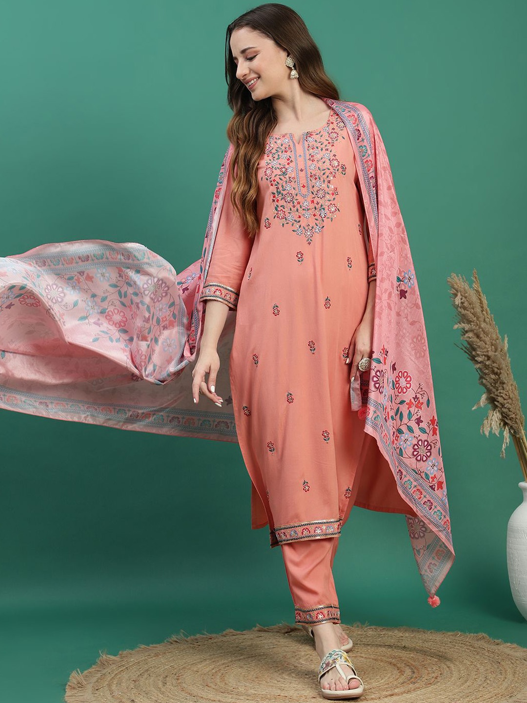 

Ramas Ethnic Motifs Embroidered Sequinned Kurta with Trouser & Dupatta, Peach