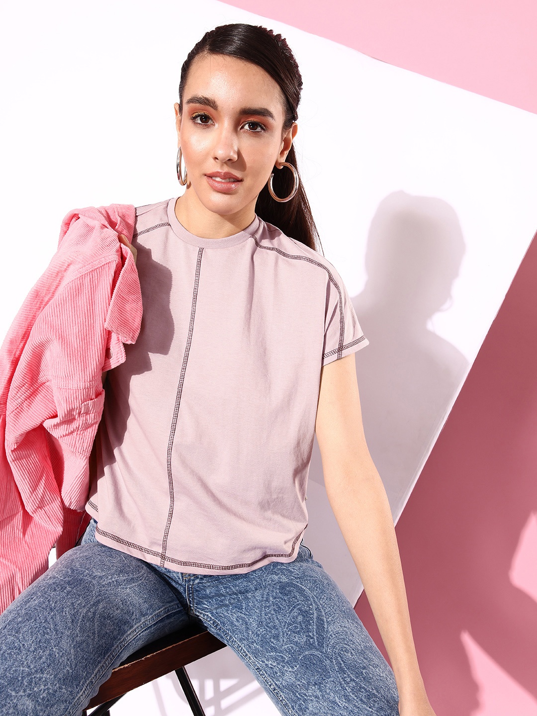 

The Roadster Lifestyle Co. Extended Sleeves Cut Outs T-shirt, Pink