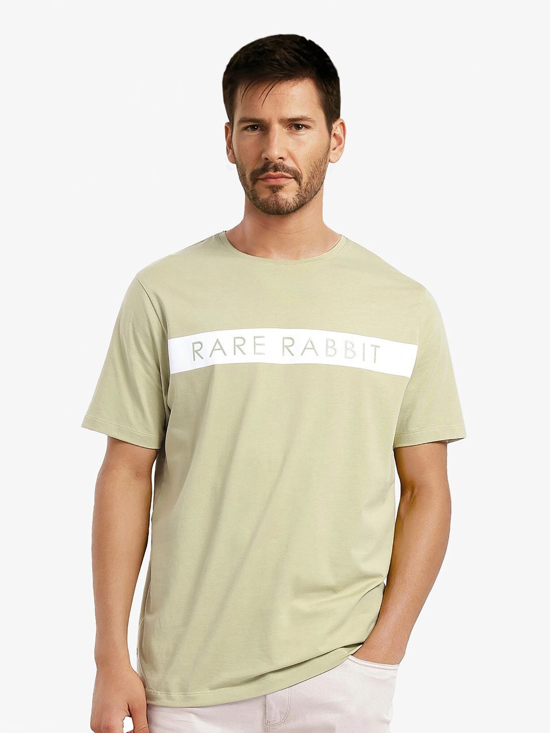 

RARE RABBIT Men Typography Printed Round Neck Cotton T-shirt, Green