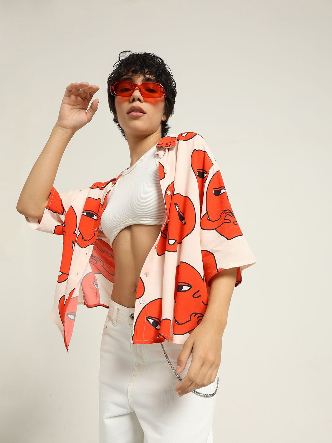 

ONLY Women Spread Collar Graphic Printed Casual Shirt, White