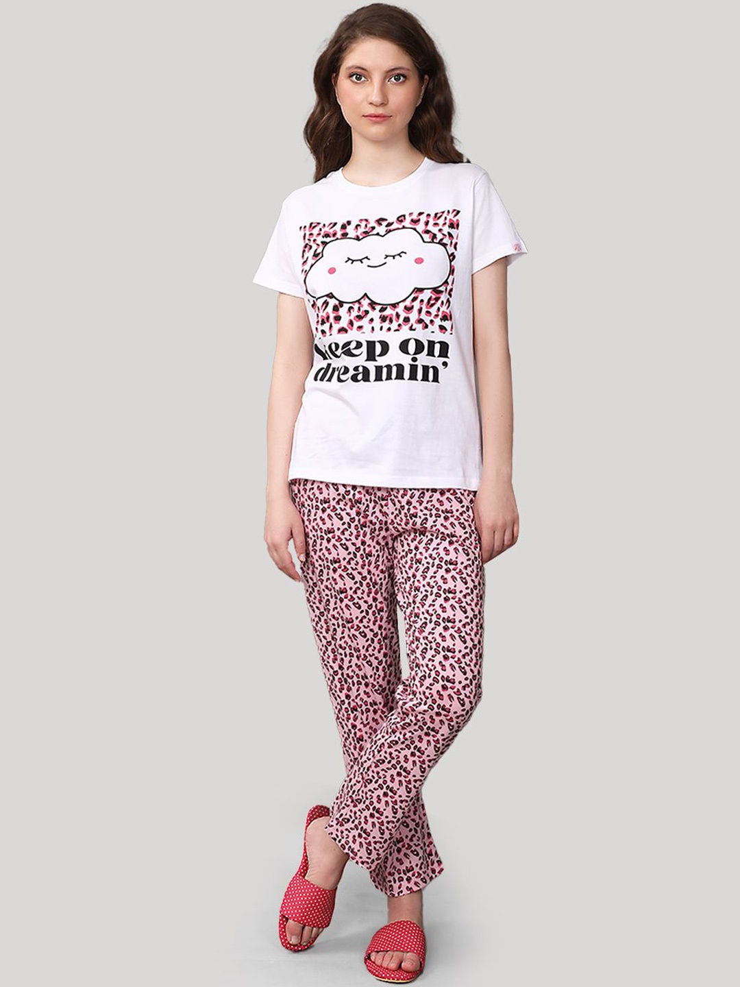 

evolove Women Printed Pure Cotton Night suit, White