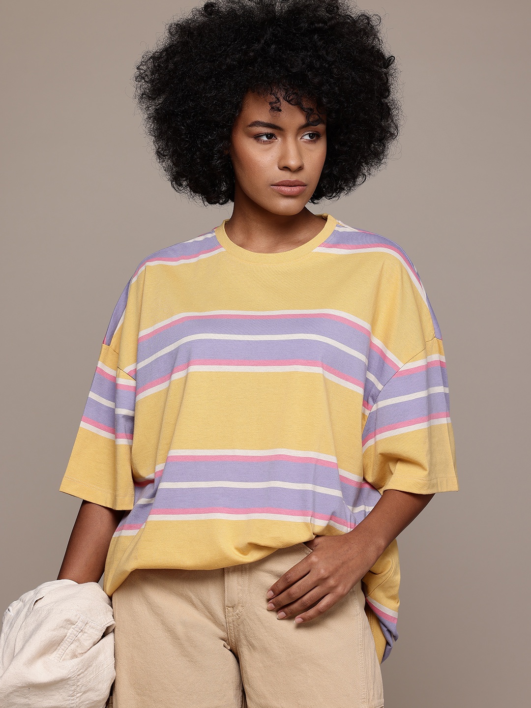 

The Roadster Lifestyle Co. Striped Drop-Shoulder Sleeves Oversized T-shirt, Mustard